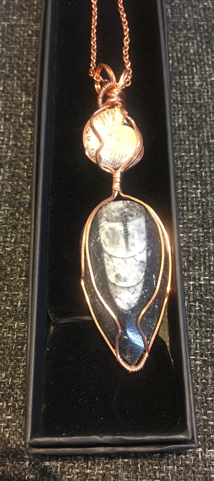 Maria Silmon - FOSSIL Orthoceras and Ammonite with Copper Pendant