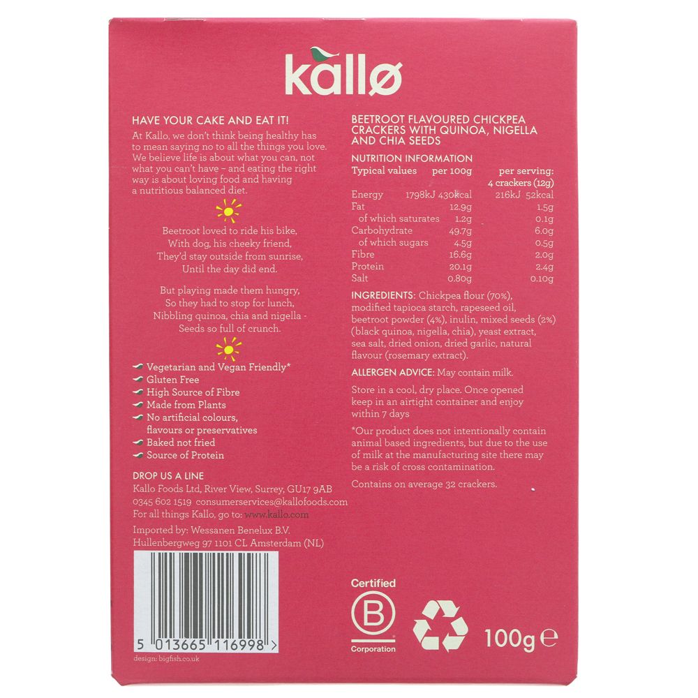 Kallo Chickpea Veggie Thins - Beetroot & Three Seeds 100g