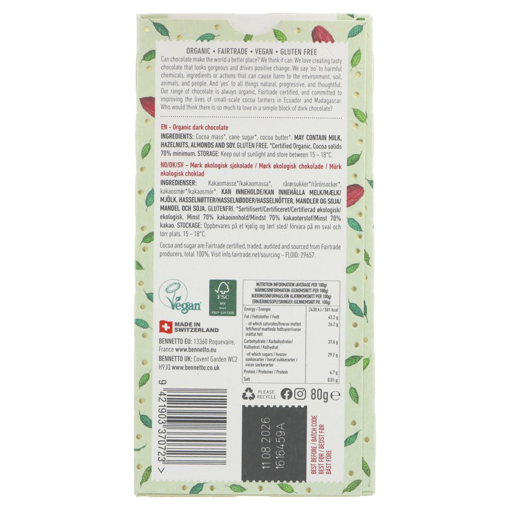 Bennetto 70% Organic Dark Chocolate