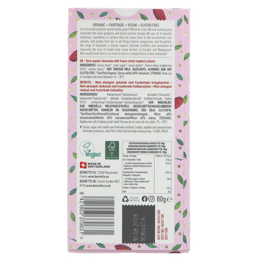 Bennetto Organic Raspberries in Dark Chocolate 80g