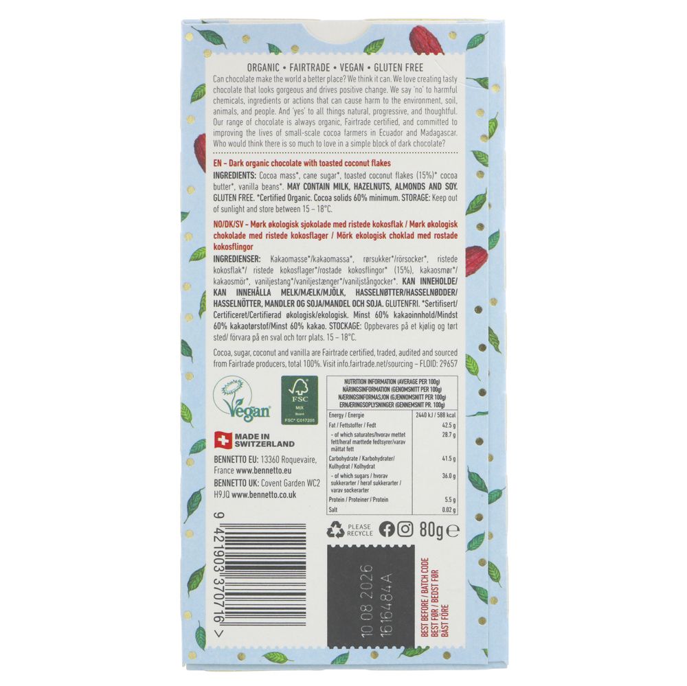 Bennetto Organic Coconut Flakes Dark Chocolate