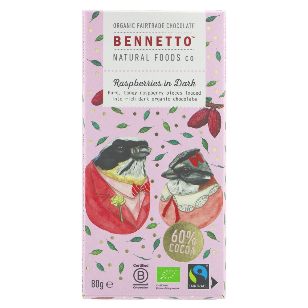 Bennetto Organic Raspberries in Dark Chocolate 80g
