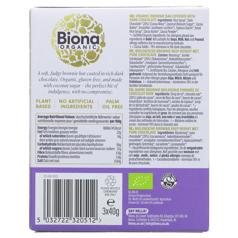 Biona Dark Chocolate Brownie Bar 3x40g