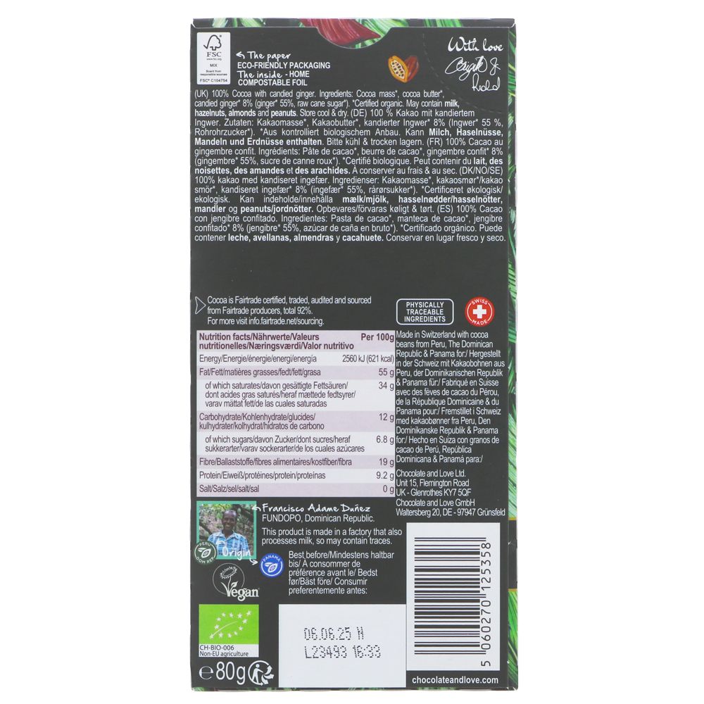 Chocolate & Love 100% Dark Ginger Chocolate 80g