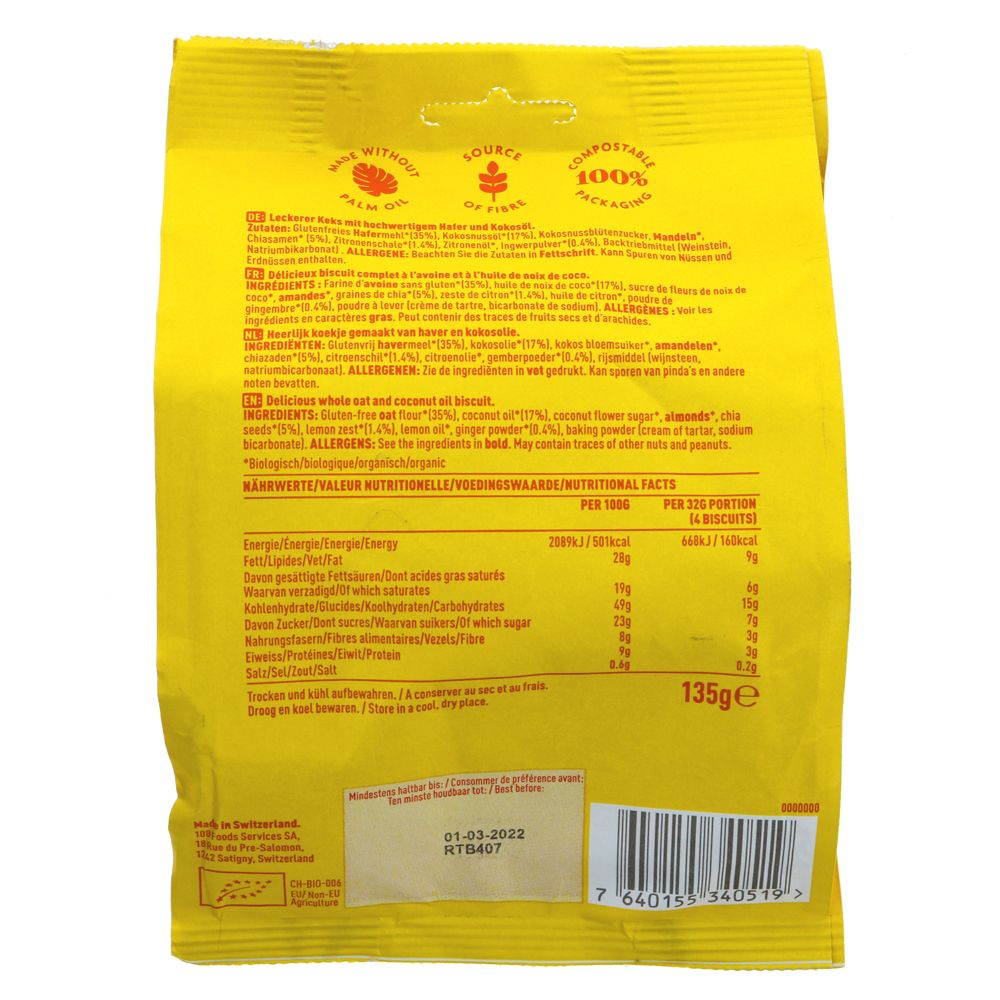 Rhythm 108 Lemon Ginger & Chia Biscuits 135g