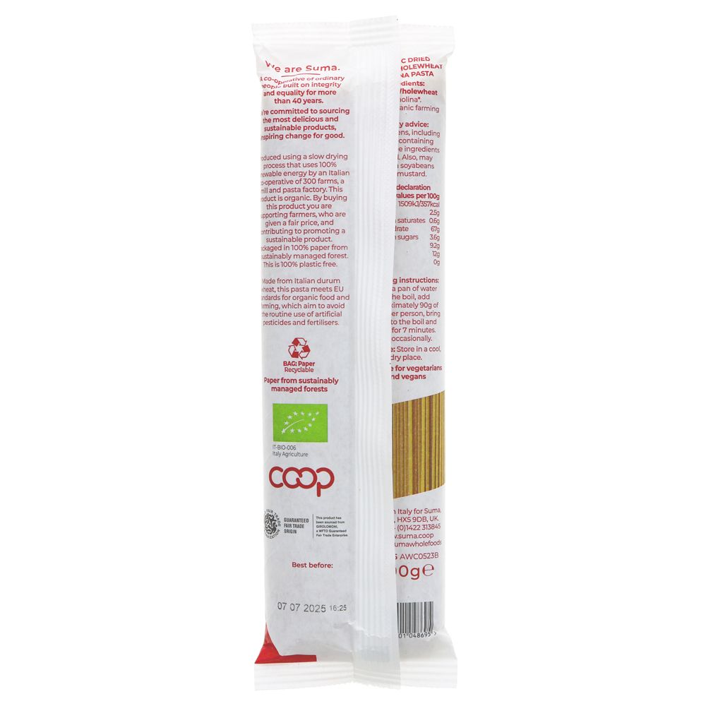 Suma Organic Italian Wholewheat Spaghetti 500g (Paper Packaging)
