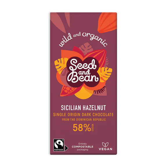Seed & Bean Sicilian Hazelnut Fine Dark chocolate 75g Bar (58% Cocoa)