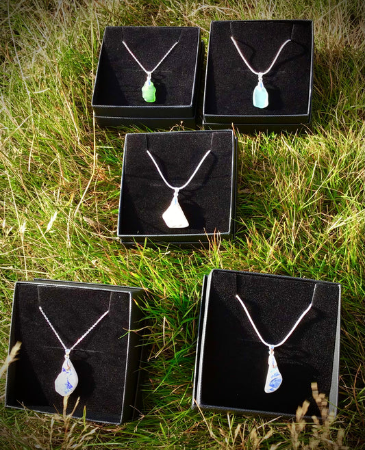 Sterling Silver Sea Glass & Sea Pottery Necklaces by Maria Silmon The Conscious Jeweller