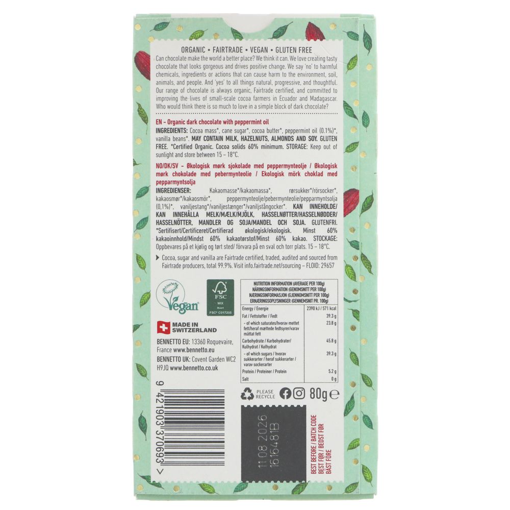Bennetto Dark Mint Bar 80g