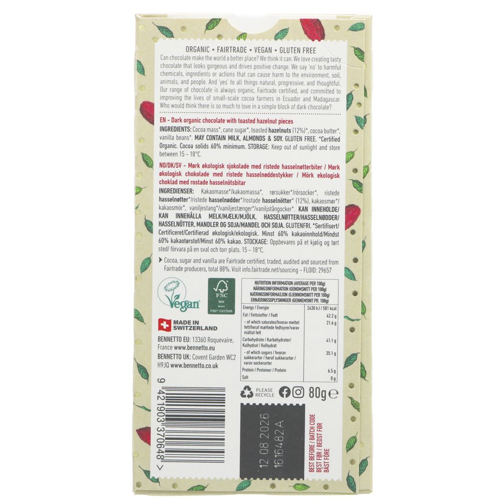 Bennetto Dark Chocolate with Roasted Hazelnuts 80g