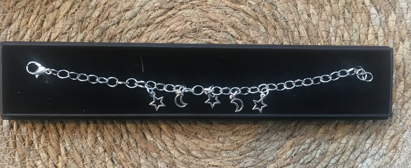 Maria Silmon Star and Crescent Moon Charm Bracelet (Silver Plated in Gift Box)