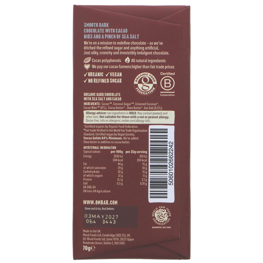 Ombar Salt & Nibs Chocolate Bar 70g