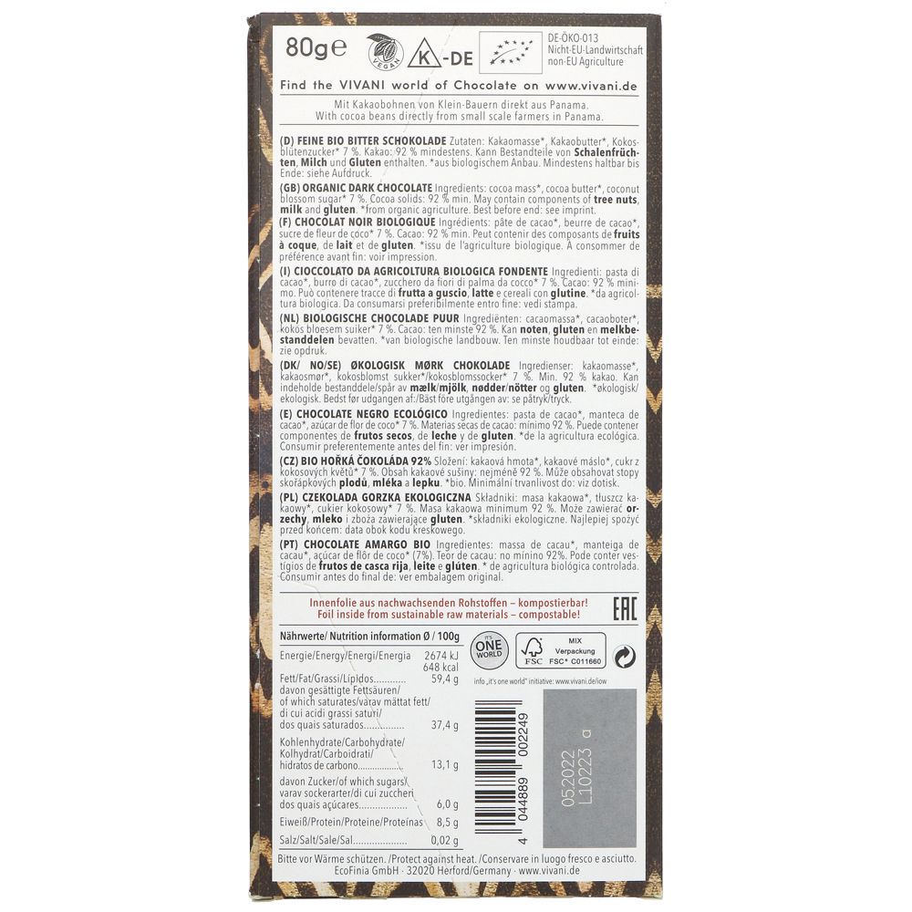 Vivani 92% Cacao Panama Fine Dark Chocolate